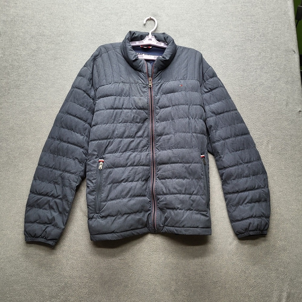 Tommy Hilfiger Men Jacket XXL Gray Puffer Logo Zipper Stripe Trim READ